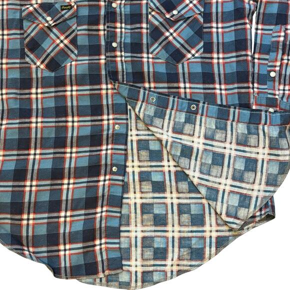 Vintage 60s Wrangler Pearl Snap Flannel Red Plaid Dagger Pt Collar 17x33 Large - Picture 3 of 6